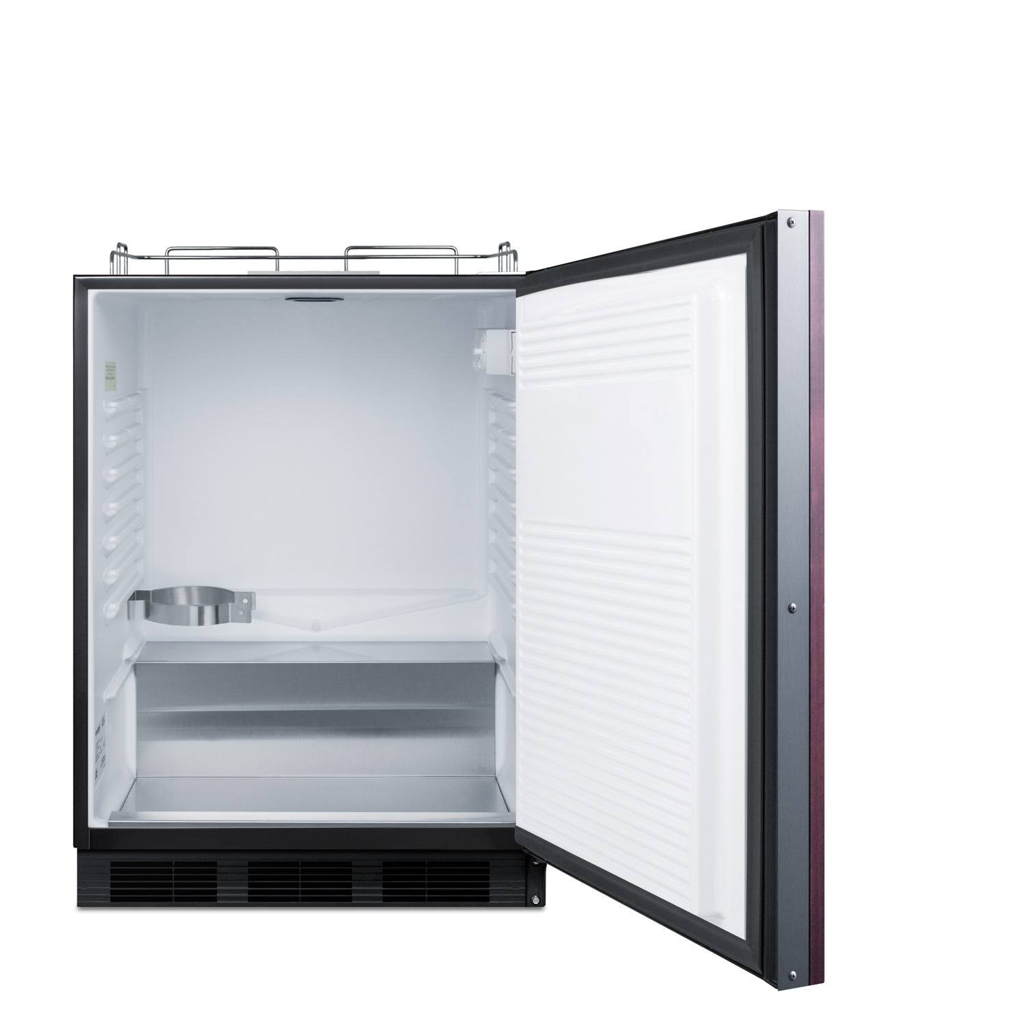 Built-in undercounter ADA height commercially listed beer dispenser with panel-ready door and black cabinet; no tapping equipment included